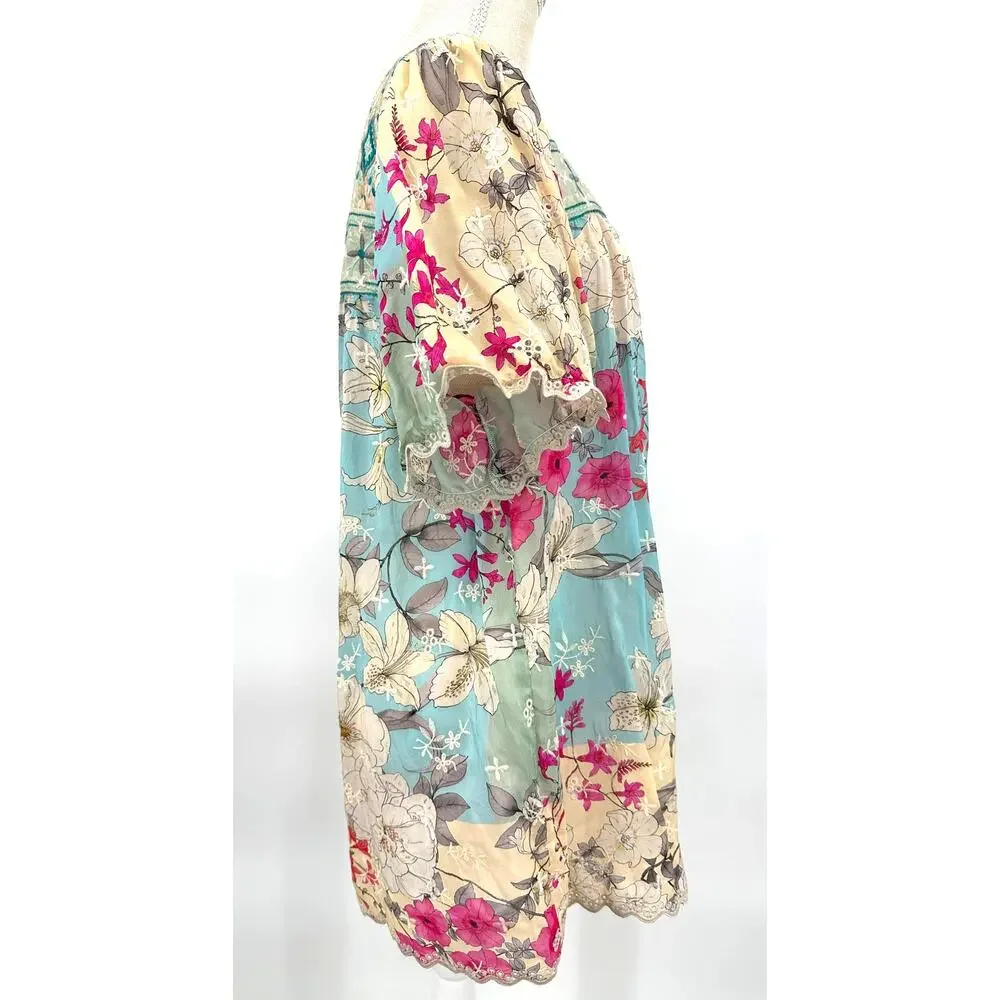 Johnny Was Permint Padme Blouse Blue Floral Eyelet Boho Top Size L NWOT